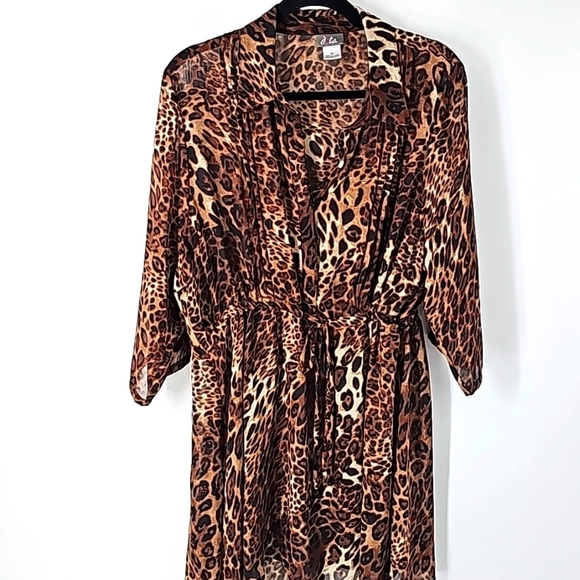 Sheer Leopard Print Shirt Dress Tunic w Button Front & Drawstring Waist - Picture 15 of 17